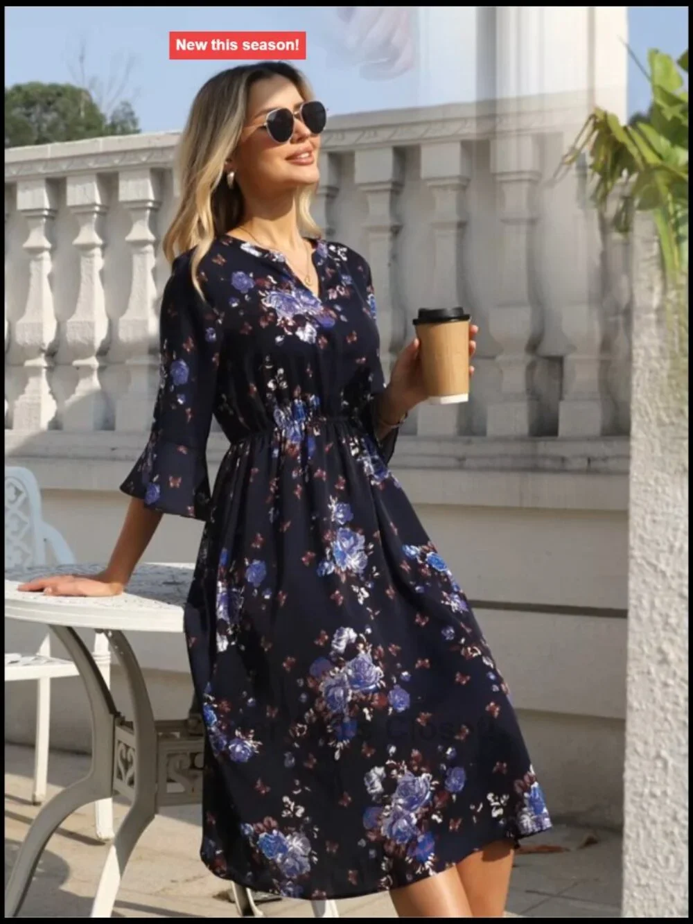 Women's V Neck 3/4 Sleeve Chiffon Floral Midi Dress Casual